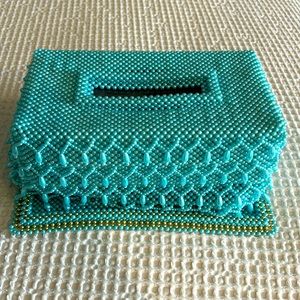 Vintage beaded tissue box teal